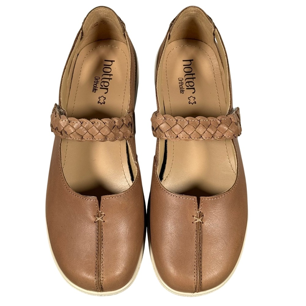 Hotter Shake Braided Mary Jane Shoes US 9 UK 7 EU 41 EEE Brown Leather England